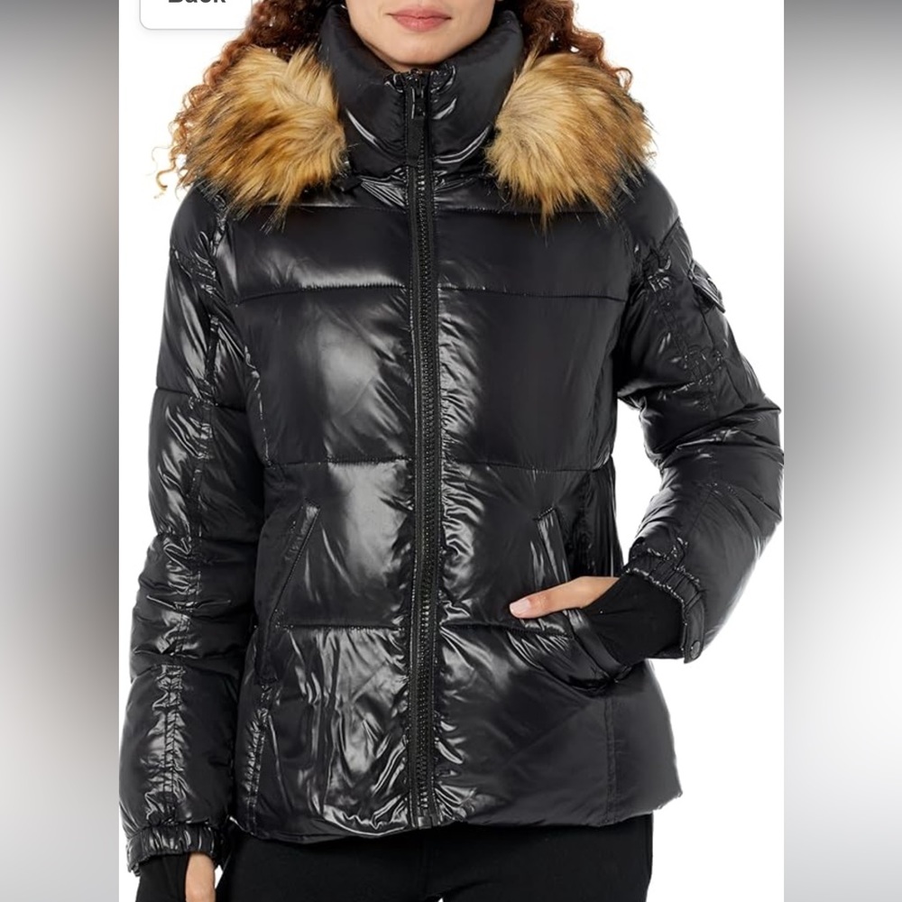 S13 Women's Gloss Faux Fur Trimmed Allie Puffer Coat, Jet/Natural